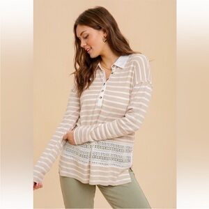 Striped Polo Lace-Hem Top - Beige/White